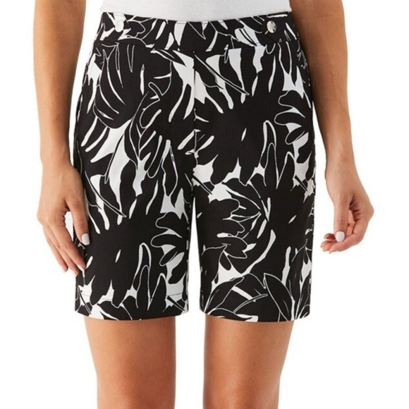 Rafaella Black and White Bermuda Shorts with Tropical Leaf Print - Picture 1 of 9